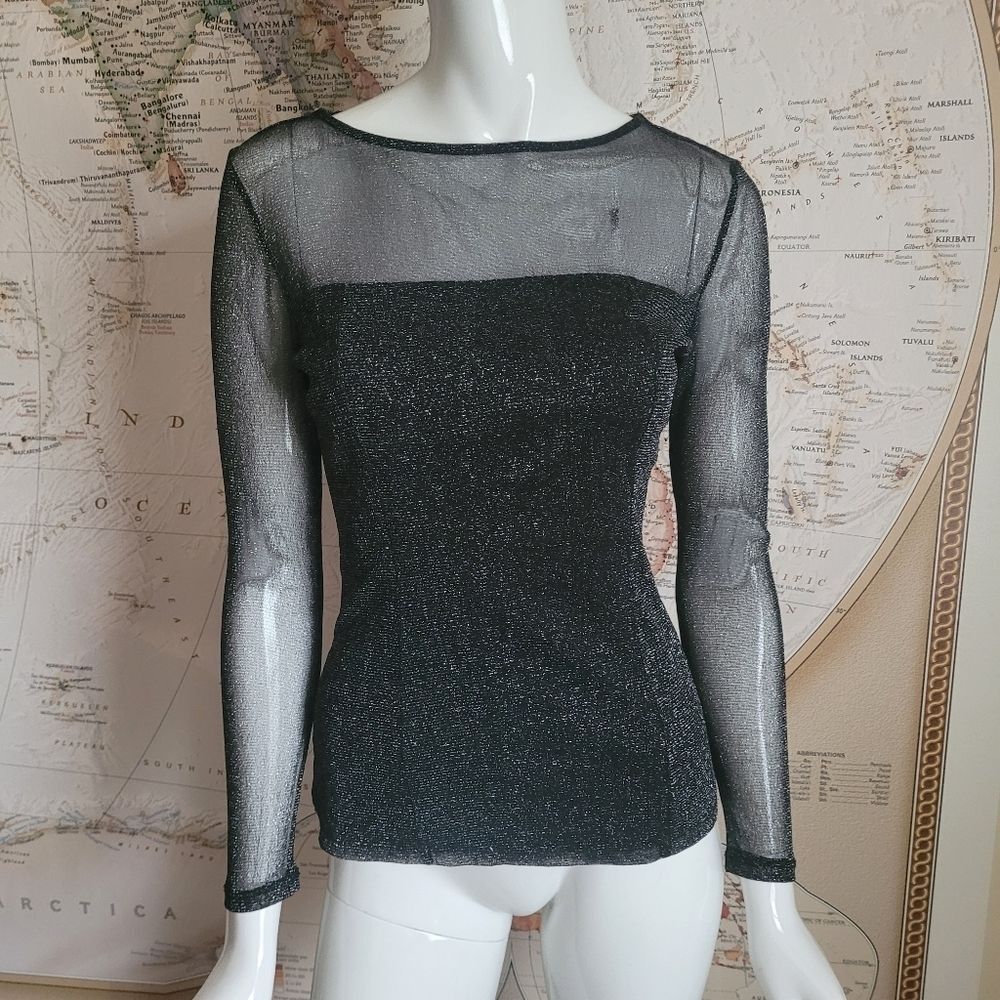Cache VTG sheer black long sleeve lined top metallic silver whimsigoth edgy S